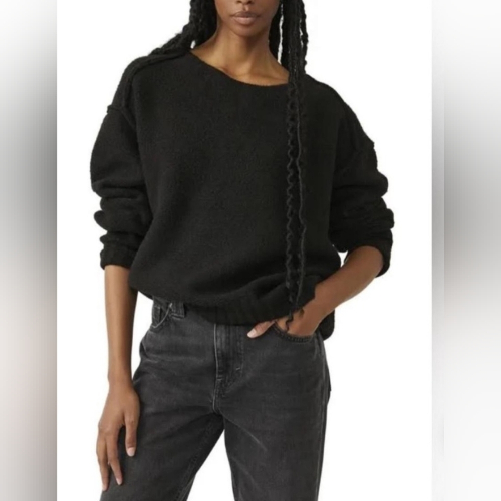We The Free Black Crew Neck Textured Knit Sweater, Size SP